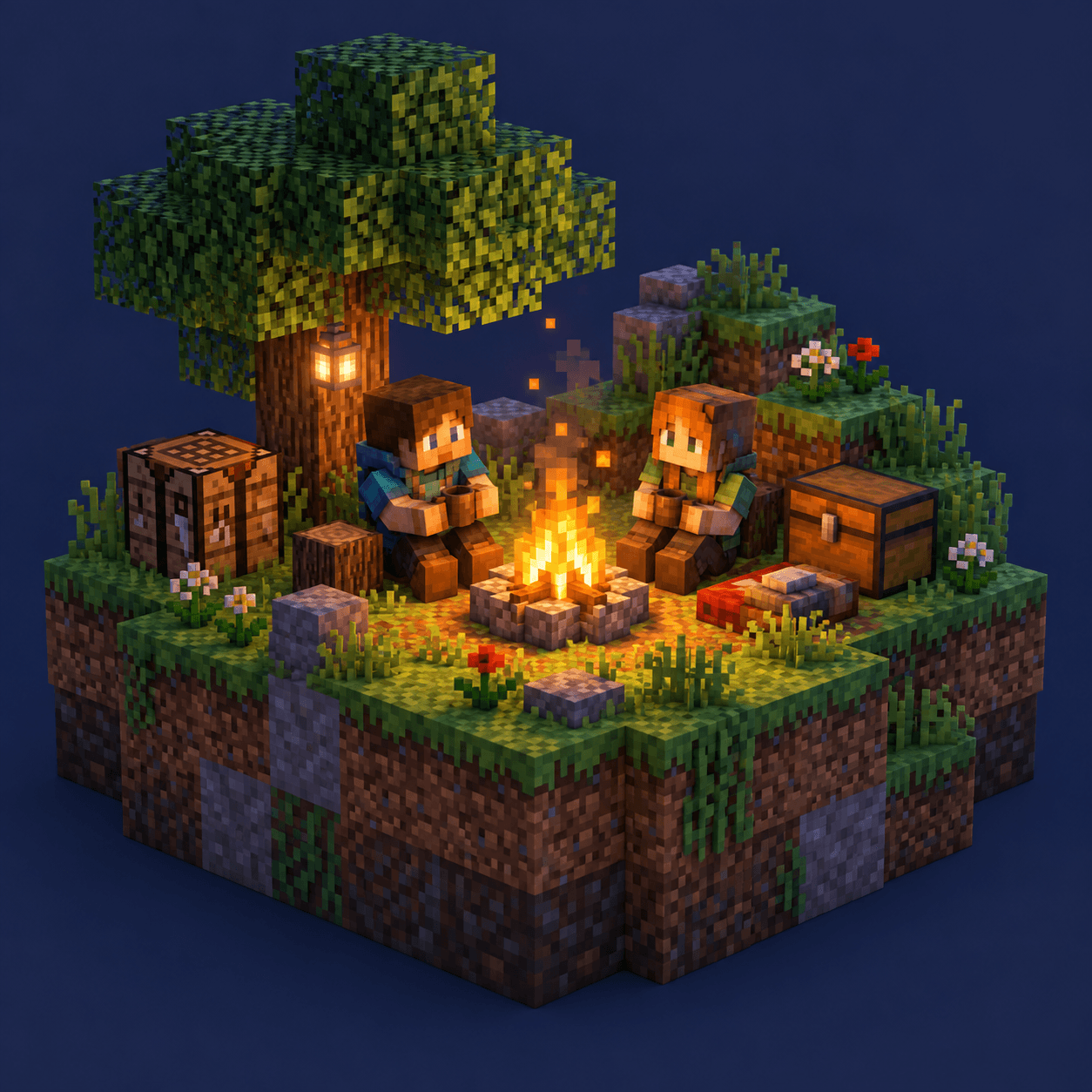 Illustration of two Minecraft characters sitting beside a campfire