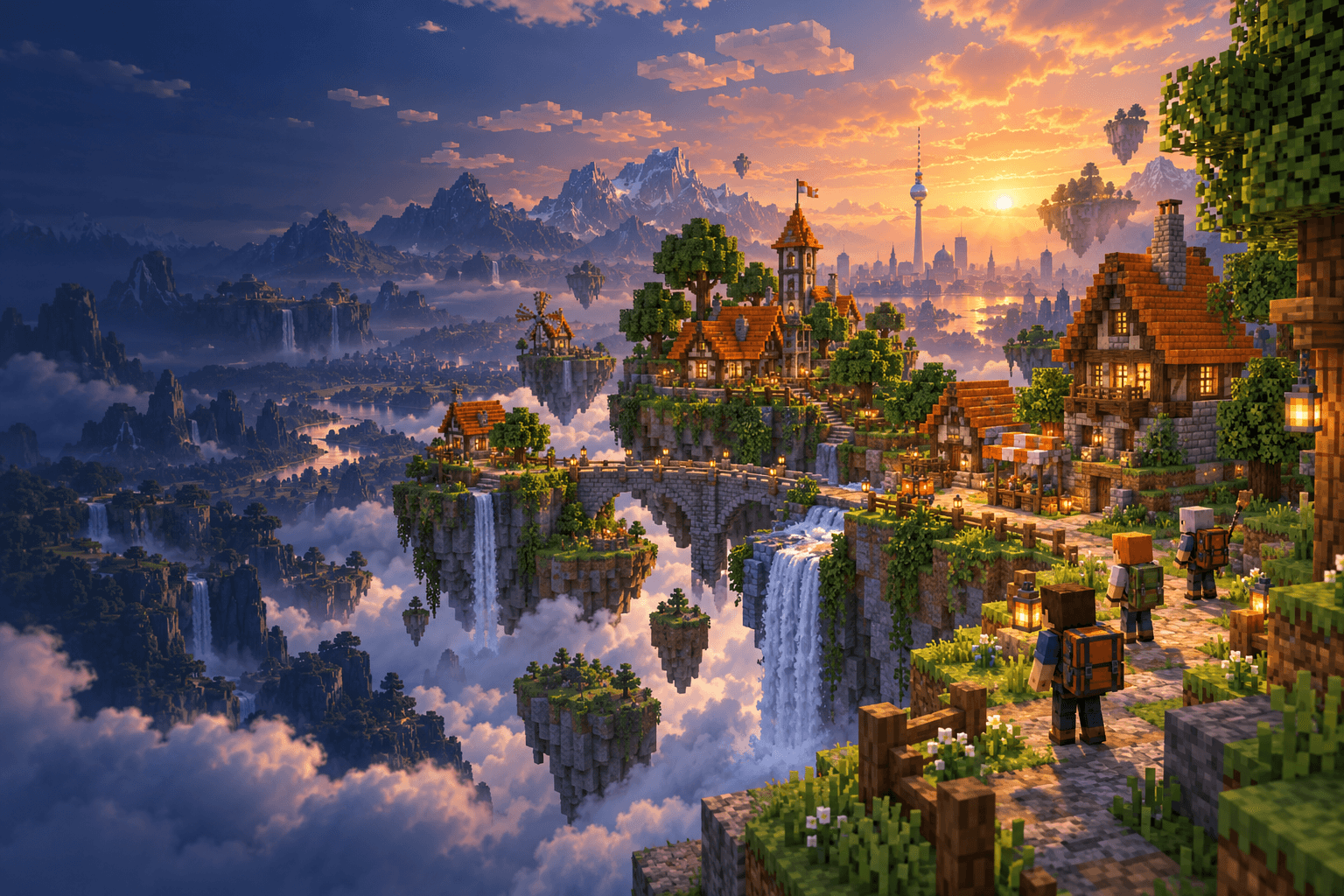Illustration of a block-built village on floating islands at sunset